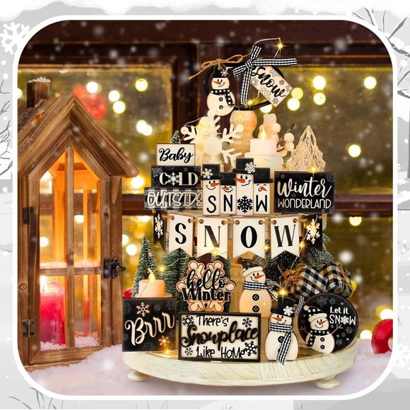 24 Pcs Black White Distressed Style Set Let It Snow Snowflake Wooden Tray Decor - Picture 5 of 7